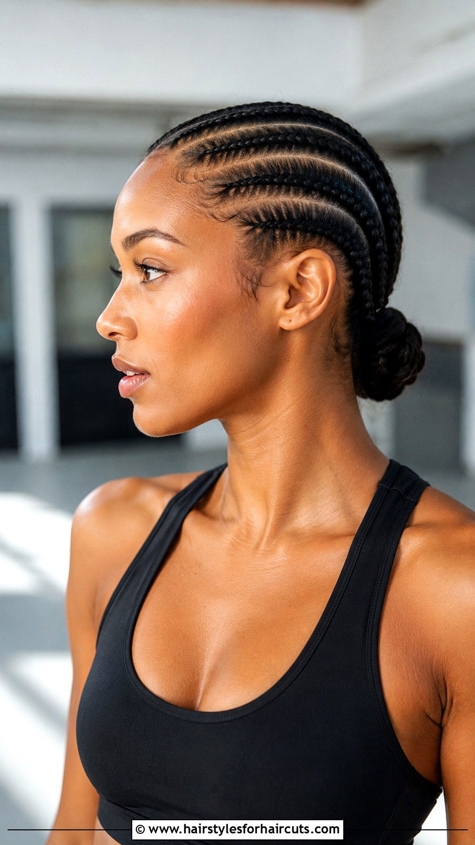 Front Cornrows With Low Bun - 25 gymnastics hairstyles for short hair - 25 gymnastics hairstyles for short hair