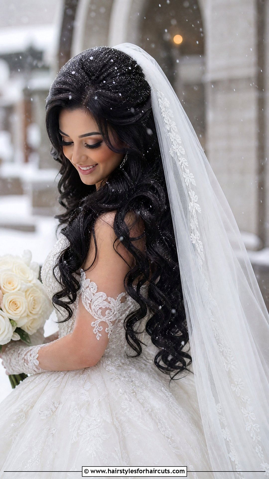 Glamorous Black Bridal Curls With Long Veil - 25 hair down black wedding hairstyles with veil - 25 hair down black wedding hairstyles with veil