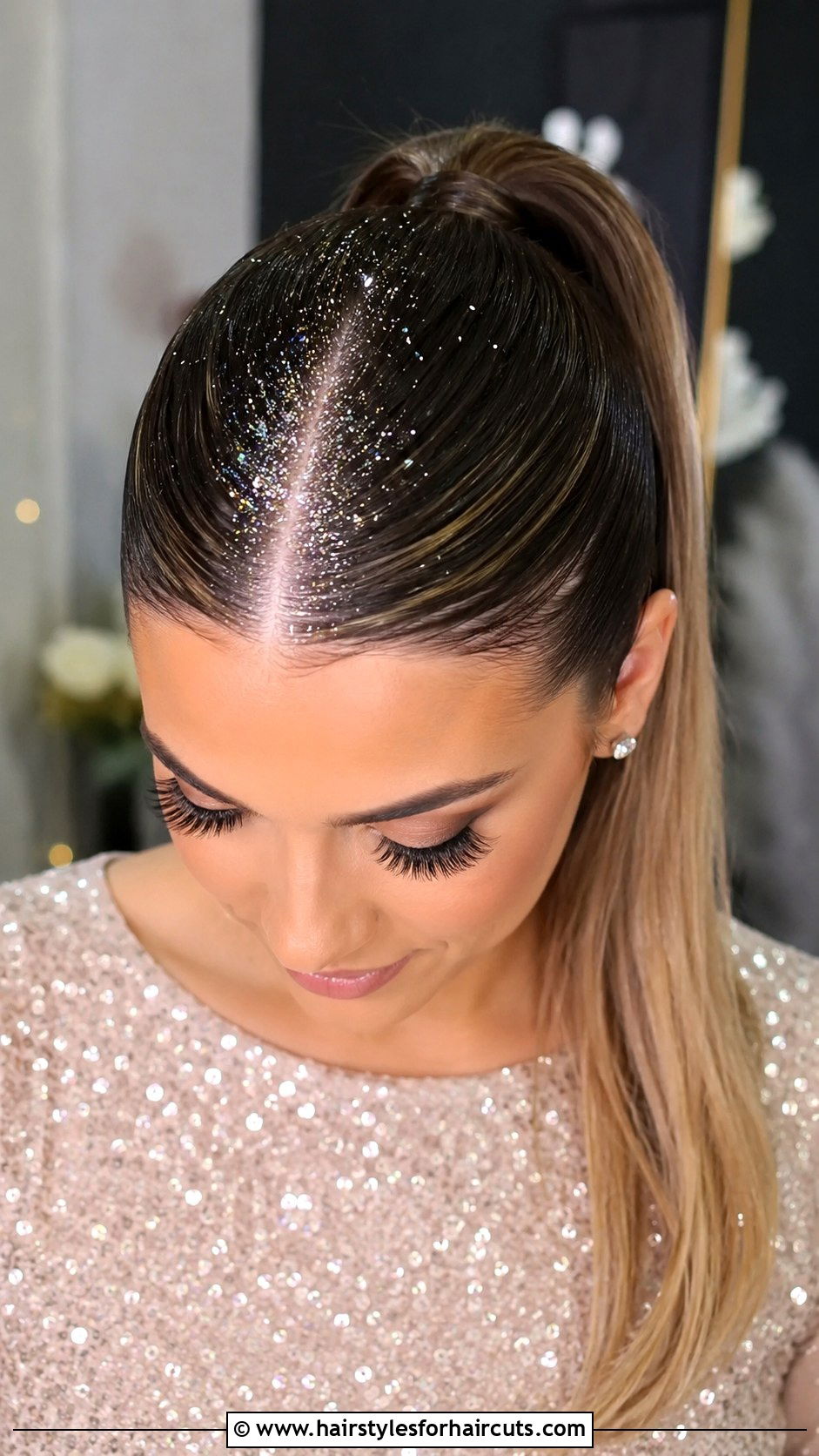 Glitter Roots Ponytail Holiday Hairstyle For Long Hair - 25 easy holiday hairstyles for long hair - 25 easy holiday hairstyles for long hair