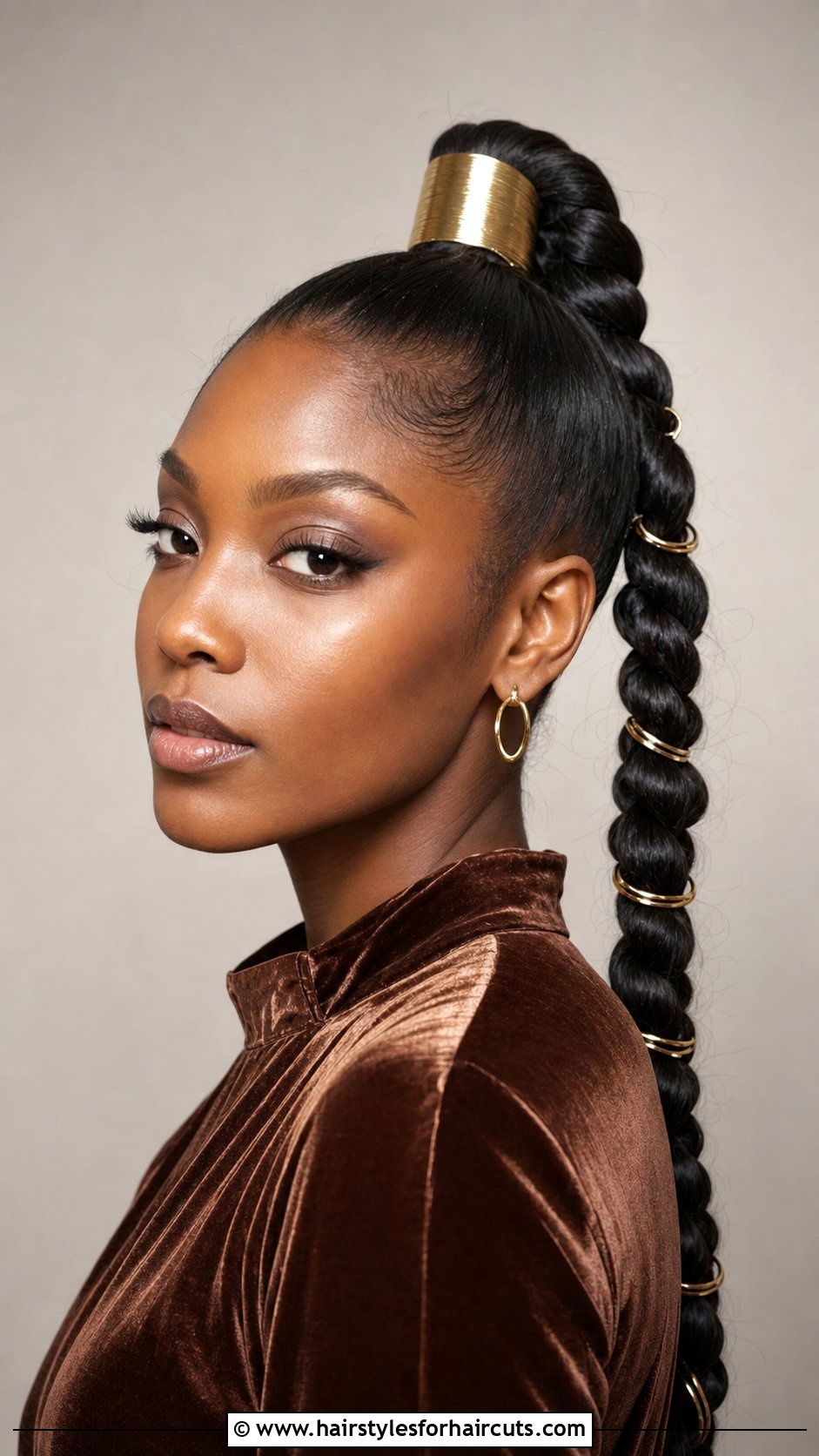 Gold Cuff Wrapped Updo Ponytail For Black Hair - 25 updo ponytail hairstyles for black hair - 25 updo ponytail hairstyles for black hair
