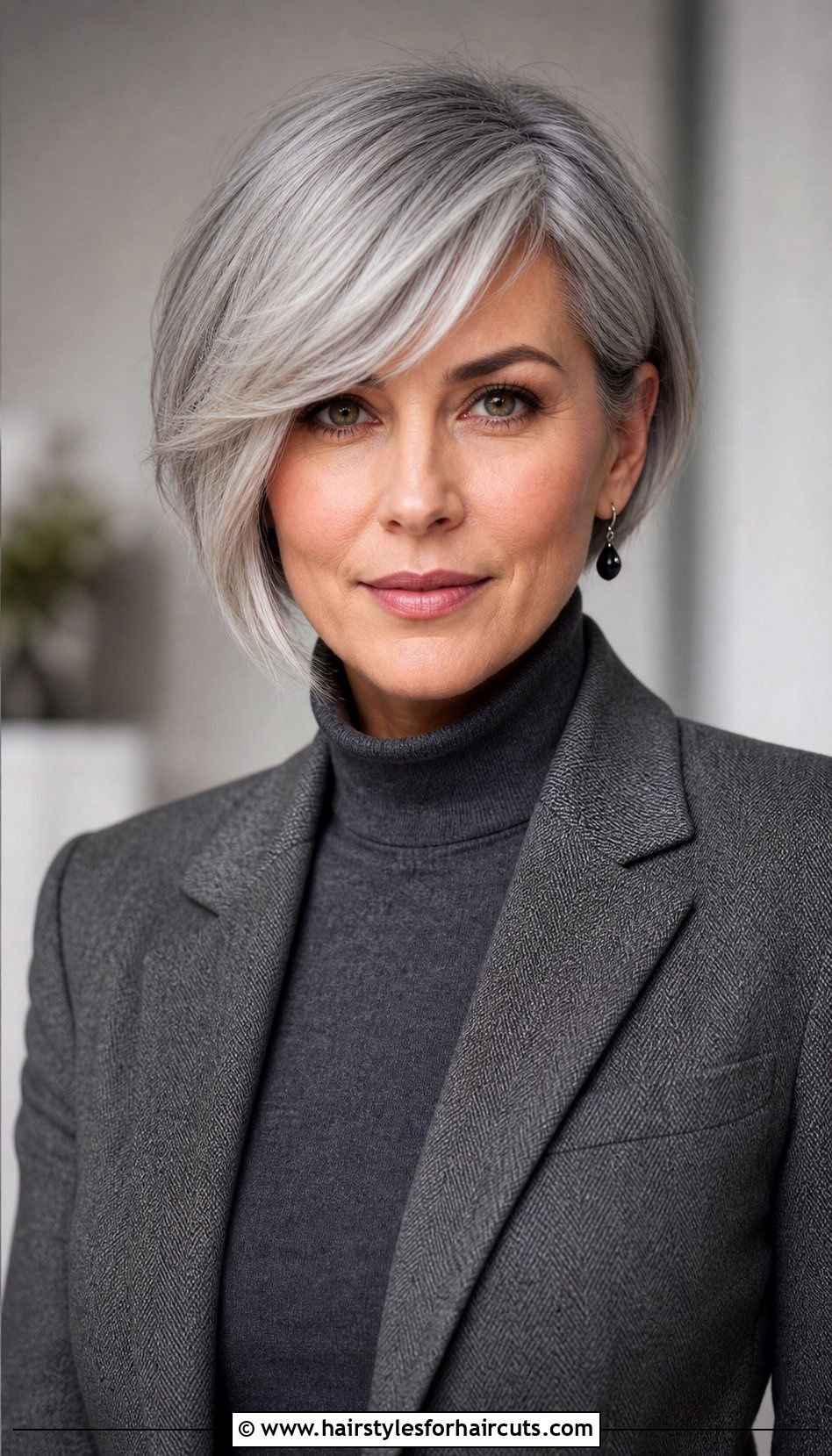 Gray Bob With Side Swept Bangs - 25 gray hairstyles with bangs - 25 gray hairstyles with bangs