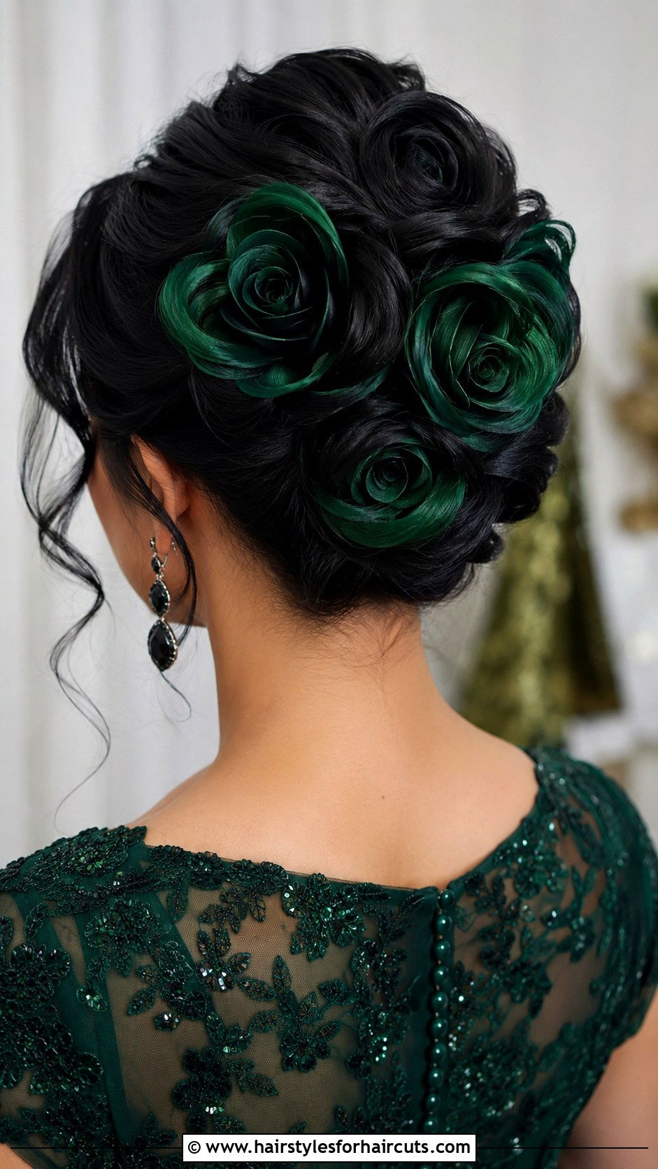 Green And Black Floral Bun Updo - 25 green and black hairstyles - 25 green and black hairstyles