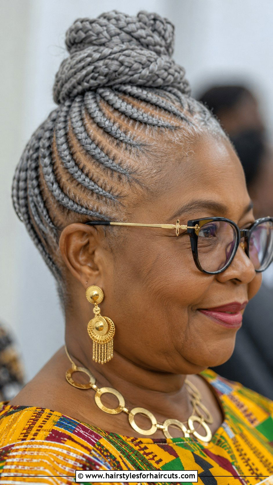 Grey Cornrow Updo - 25 black hairstyles for grey hair over 60 - 25 black hairstyles for grey hair over 60