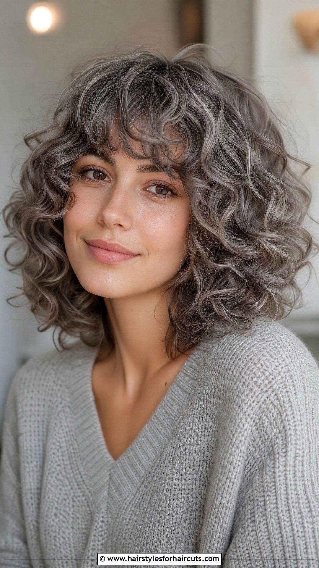 Grey Curly Lob With Bangs - 25 grey curly hairstyles - 25 grey curly hairstyles