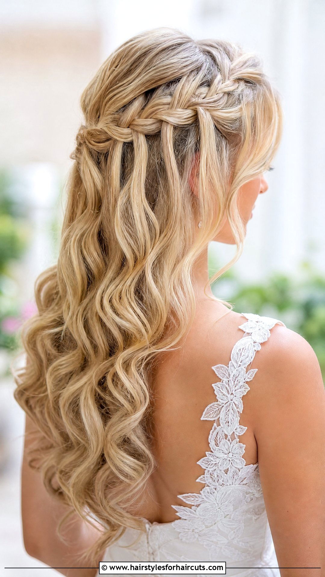 Half Up Bridal Hairstyle With Waterfall Braid - 25 bridal hairstyles half up - 25 bridal hairstyles half up