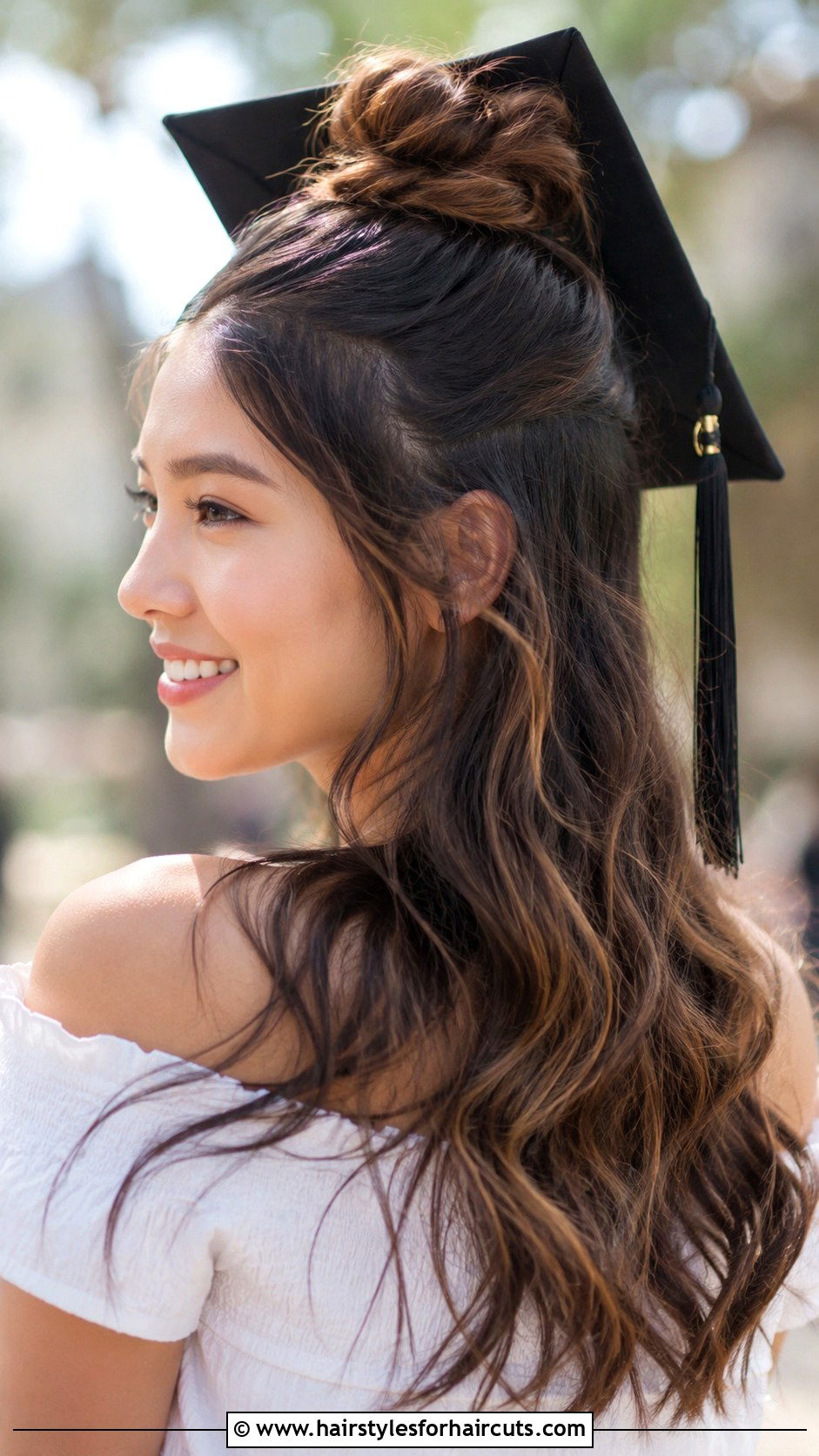 Half Up Bun With Graduation Cap - 25 long hair graduation hairstyles with cap - 25 long hair graduation hairstyles with cap