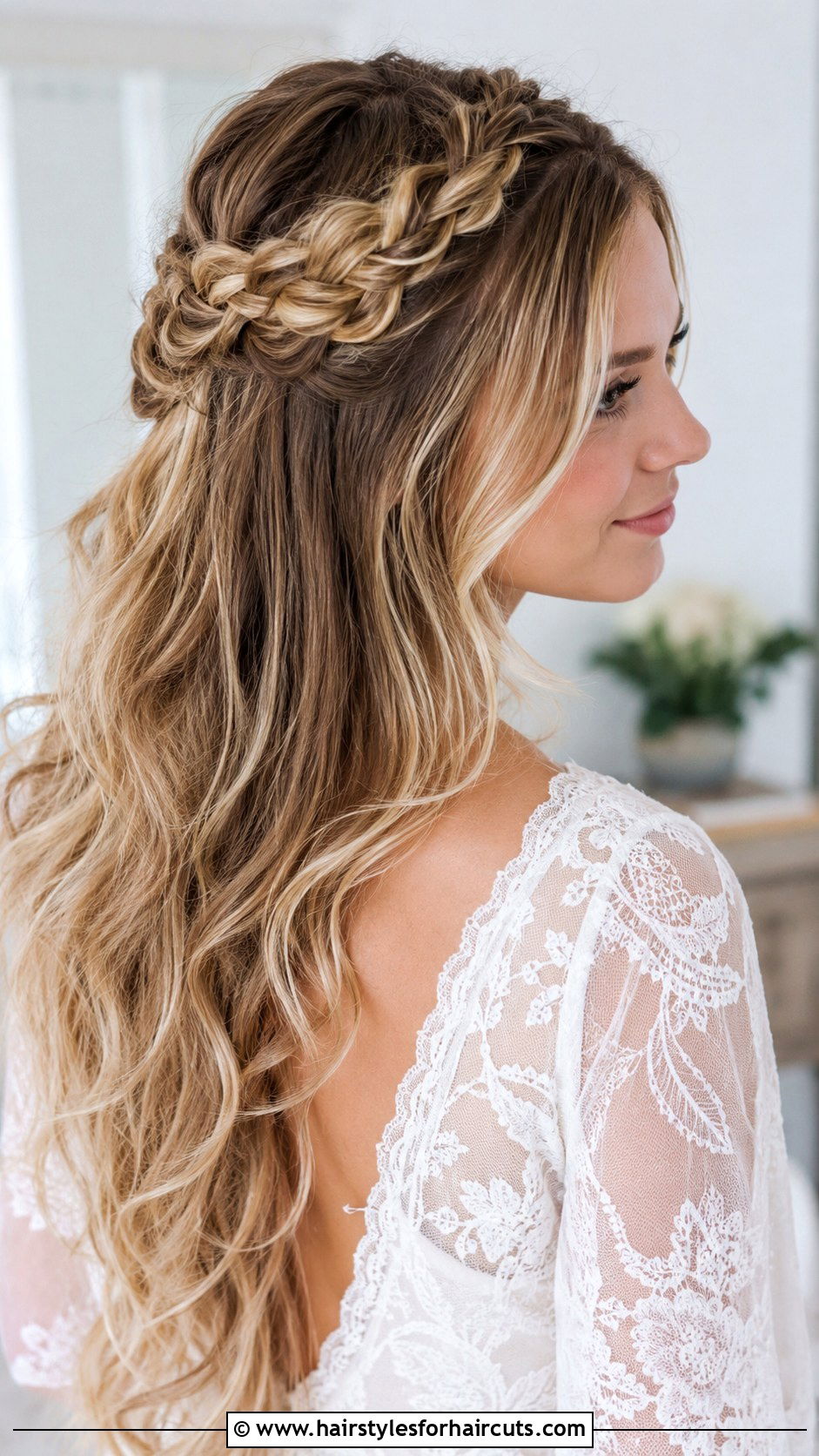 Half Up Crown Braid - 25 down wedding hairstyles for medium hair - 25 down wedding hairstyles for medium hair