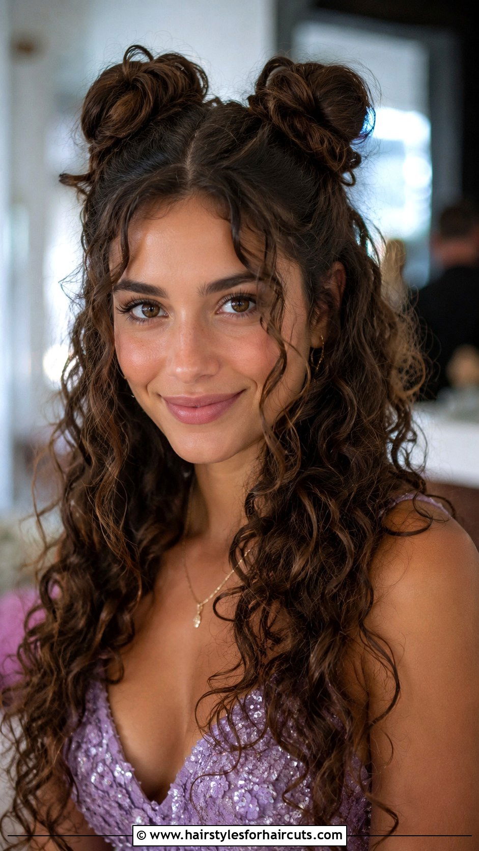 Half Up Curly Space Buns - 25 curly hair party hairstyles - 25 curly hair party hairstyles