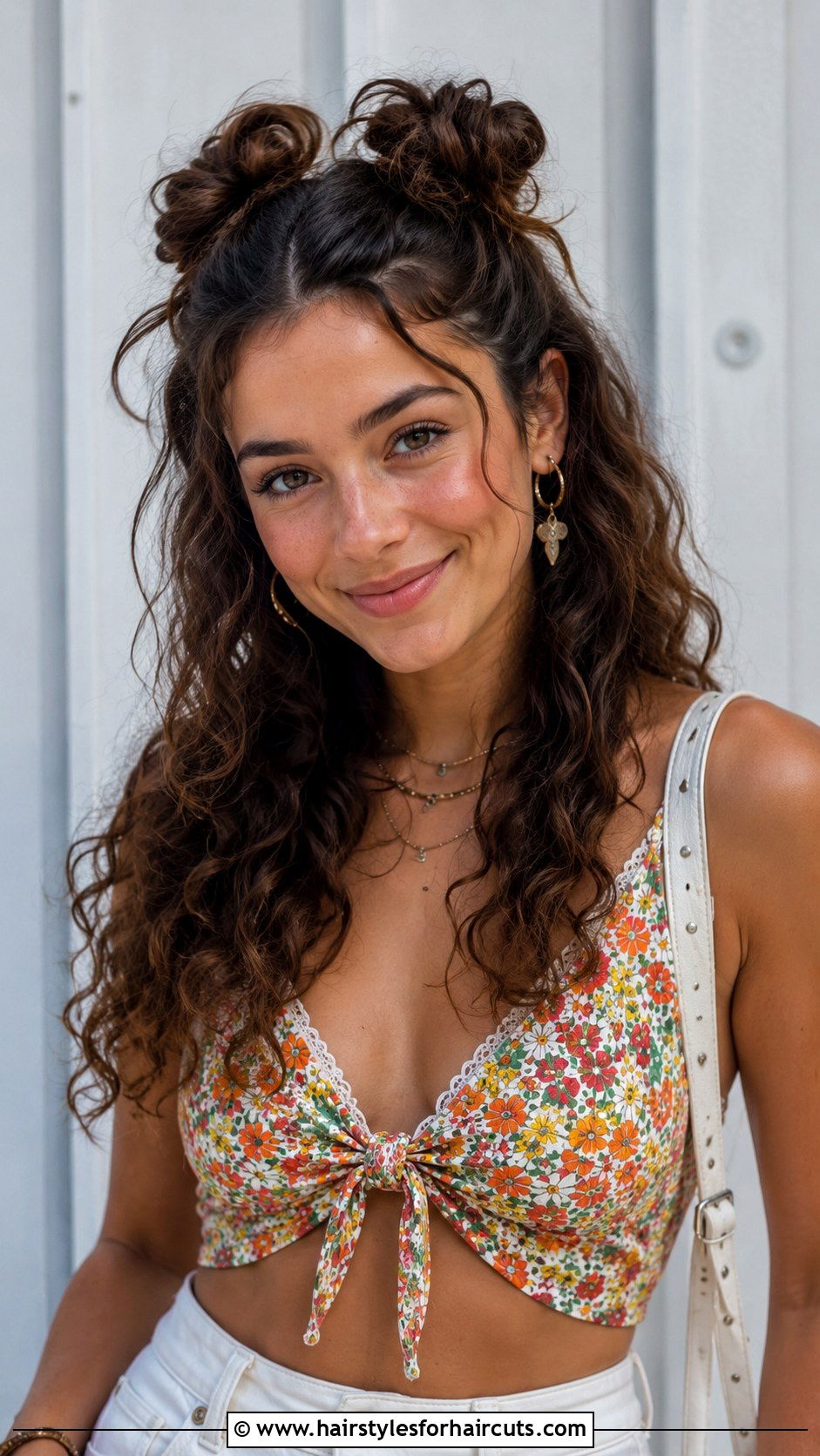 Half Up Curly Space Buns - 25 easy summer hairstyles for curly hair - 25 easy summer hairstyles for curly hair