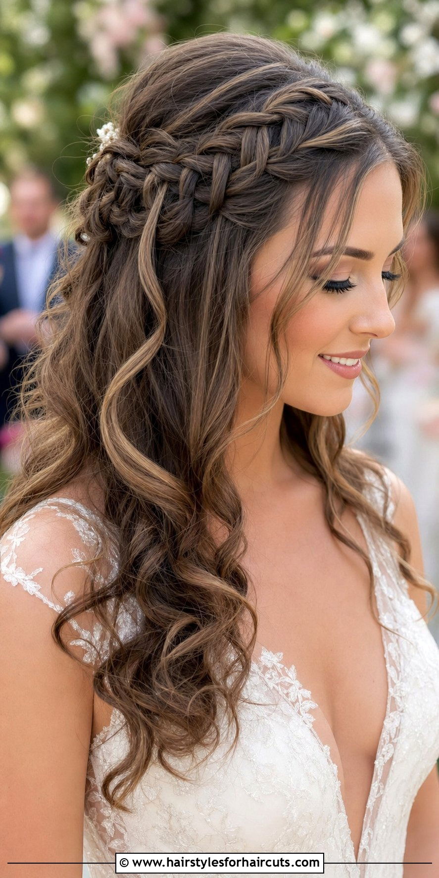 Half Up Curly Waterfall Braid - 25 half up wedding hairstyles for curly hair - 25 half up wedding hairstyles for curly hair