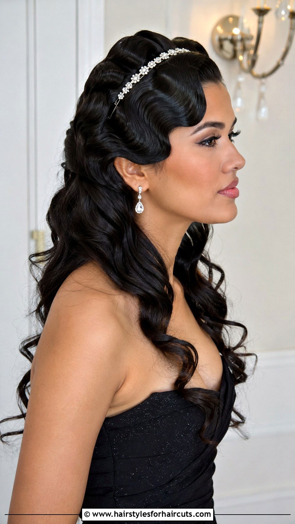 Half Up Finger Waves With Long Curls And Headband - 25 1920s hairstyles for long hair with headband - 25 1920s hairstyles for long hair with headband