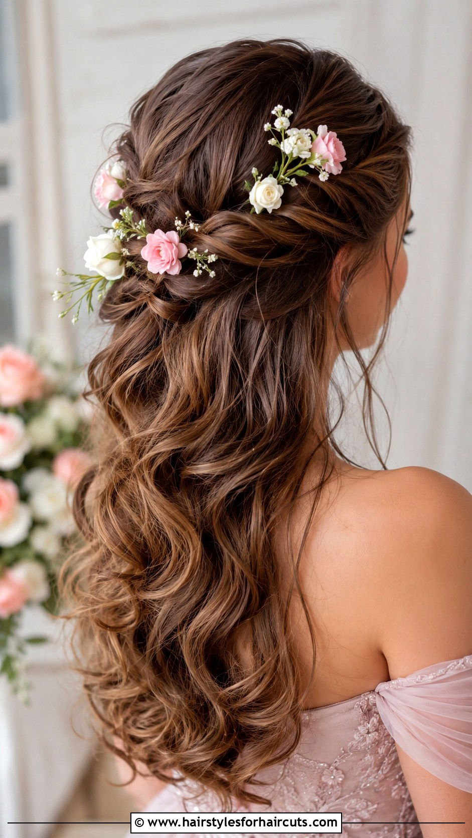 Half Up Floral Braid With Romantic Curls - 25 half up half down hairstyles medium hair - 25 half up half down hairstyles medium hair