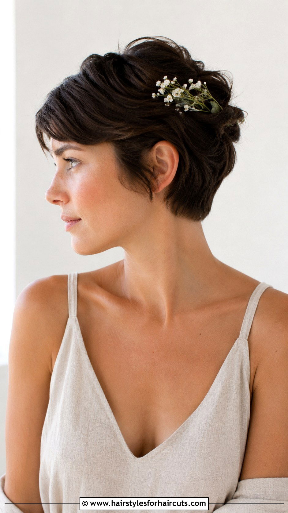 Half Up Floral Pixie - 25 beach wedding hairstyles for short hair - 25 beach wedding hairstyles for short hair