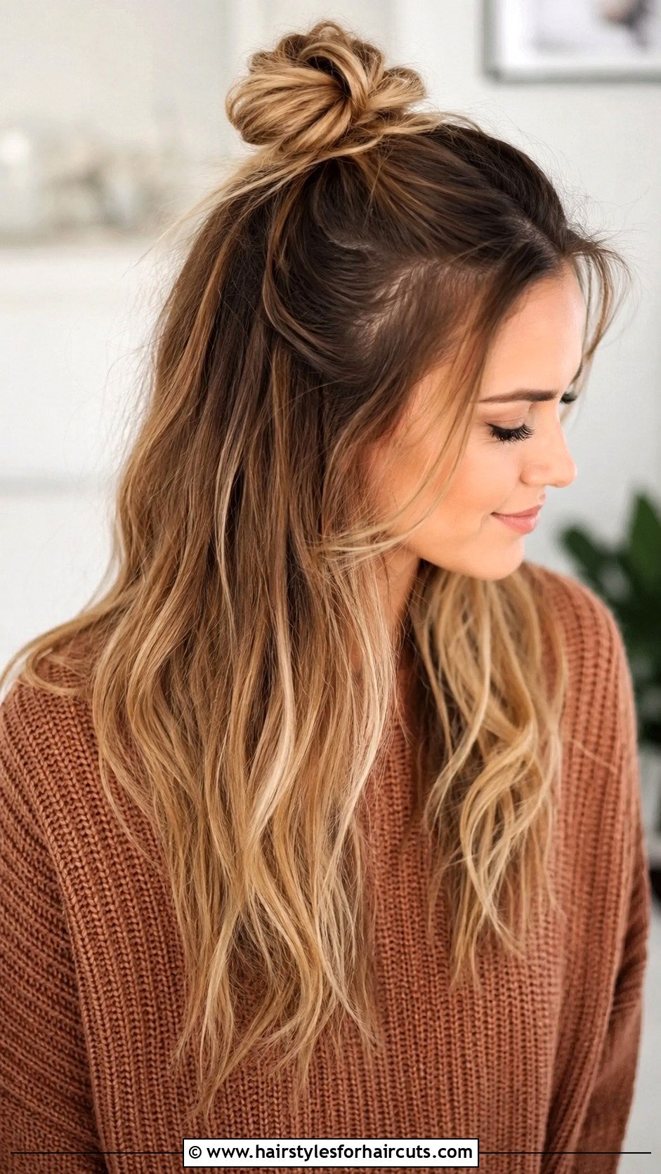 Half Up Half Down Bun - 25 hair up and down hairstyles - 25 hair up and down hairstyles