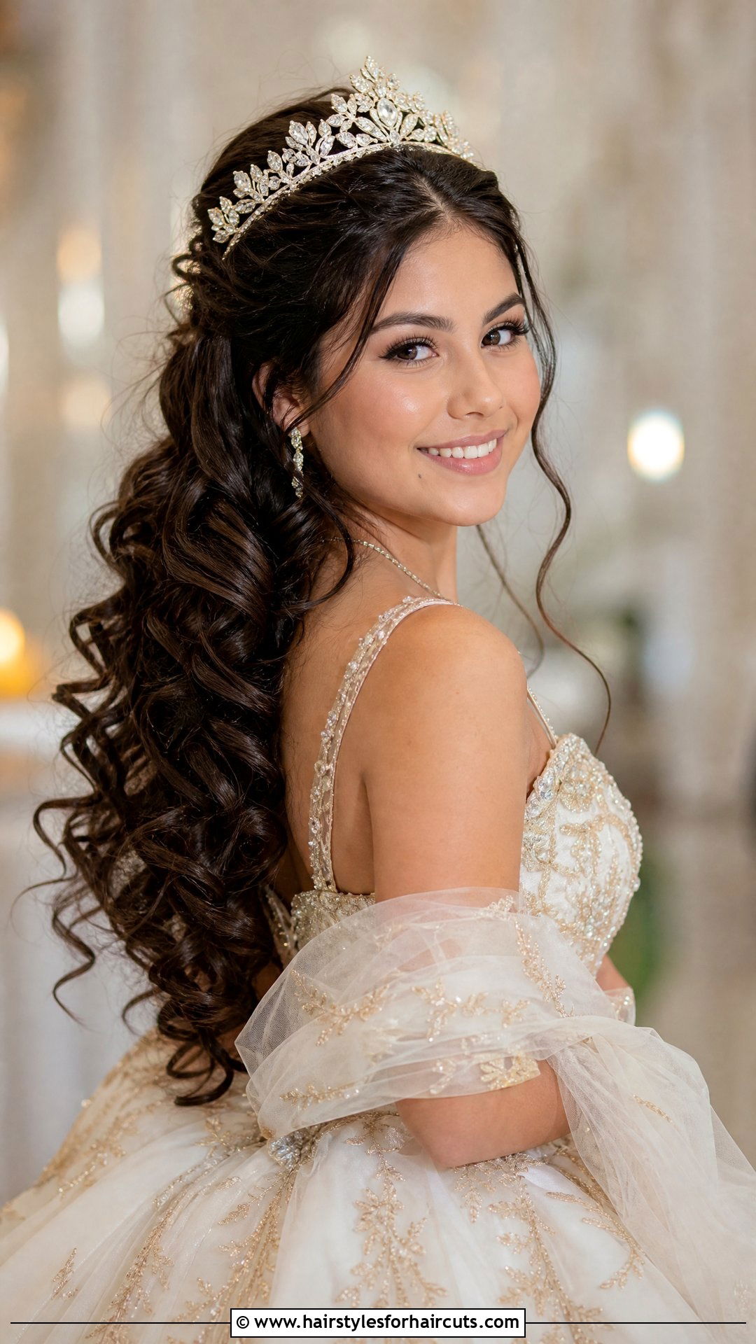 Half Up Half Down Curls With Crown - 25 long hair quinceanera hairstyles with crown - 25 long hair quinceanera hairstyles with crown