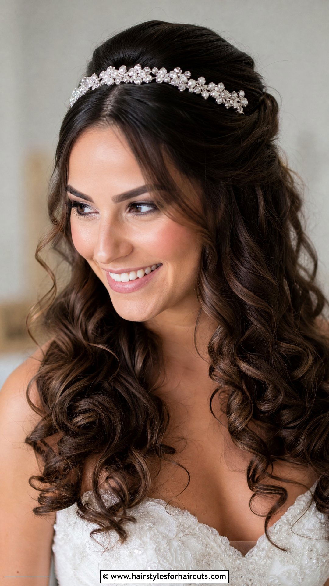 Half Up Half Down Curls With Crystal Headband - 25 long hair wedding hairstyles with headband - 25 long hair wedding hairstyles with headband
