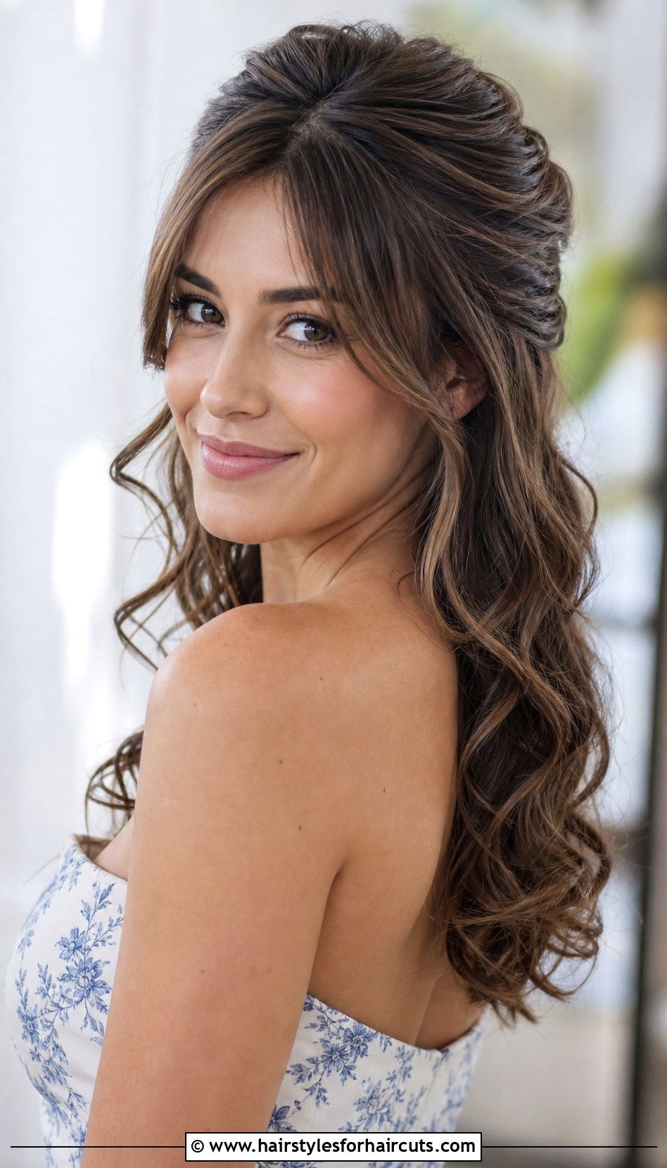 Half Up Half Down Curls With Side Bangs - 25 wedding hairstyles with bangs for long hair - 25 wedding hairstyles with bangs for long hair