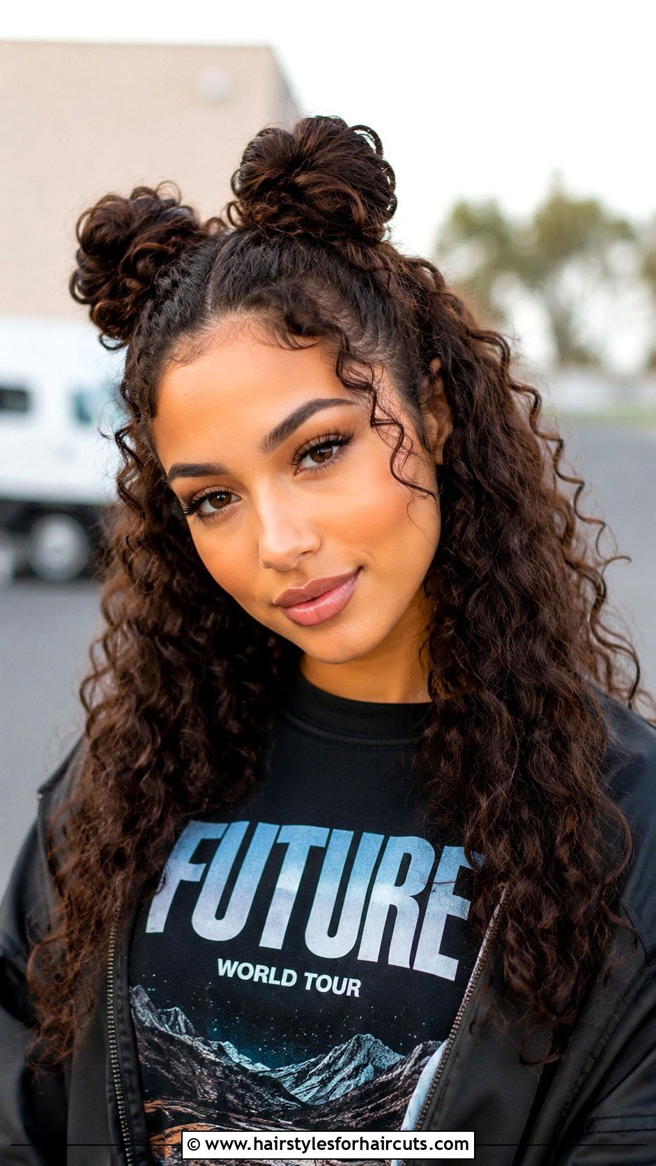 Half Up Half Down Curly Space Buns - 25 curly hair baddie hairstyles - 25 curly hair baddie hairstyles