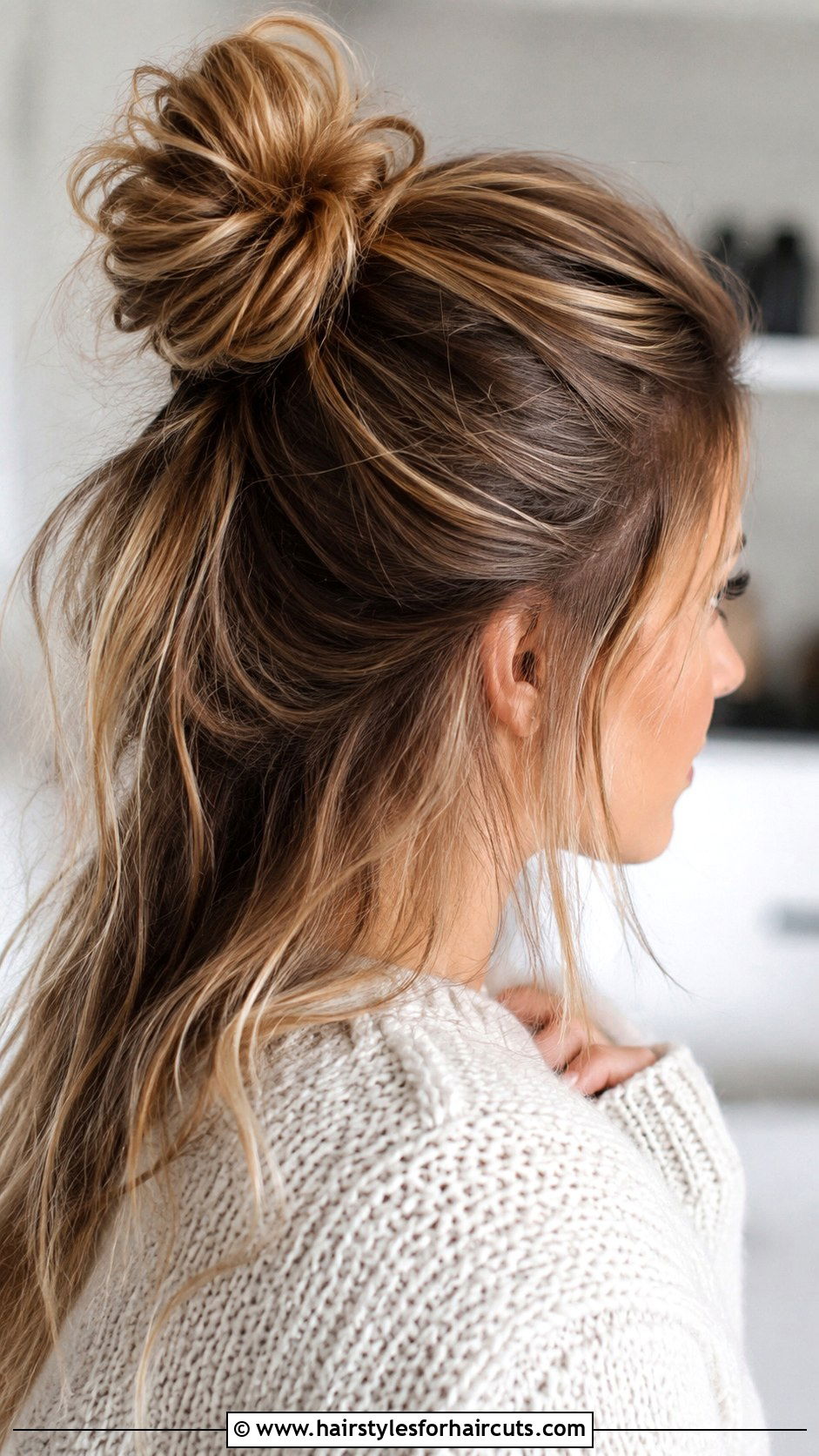 Half Up Messy Bun - 25 hair up and down hairstyles - 25 hair up and down hairstyles