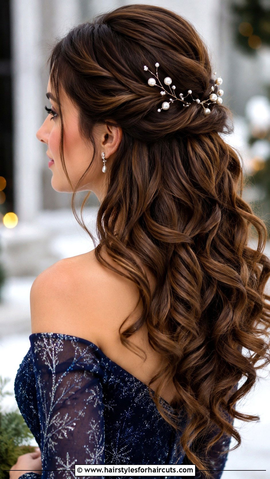 Half Up Romantic Curls With Pearl Pins - 25 bridesmaid hairstyles for long hair half up - 25 bridesmaid hairstyles for long hair half up