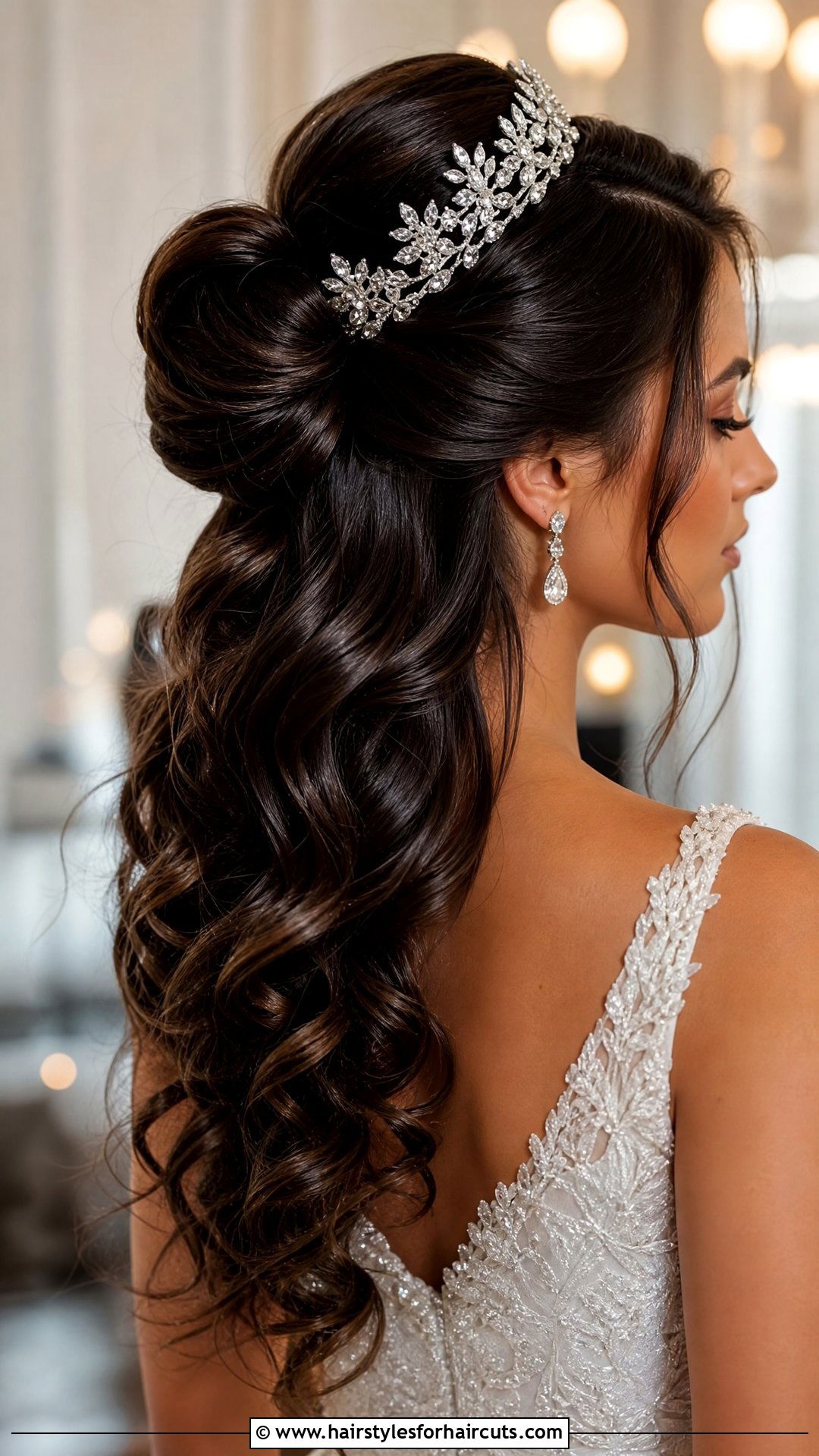 Half Up Sleek Bun With Long Curls And Crown - 25 long hair quinceanera hairstyles with crown - 25 long hair quinceanera hairstyles with crown