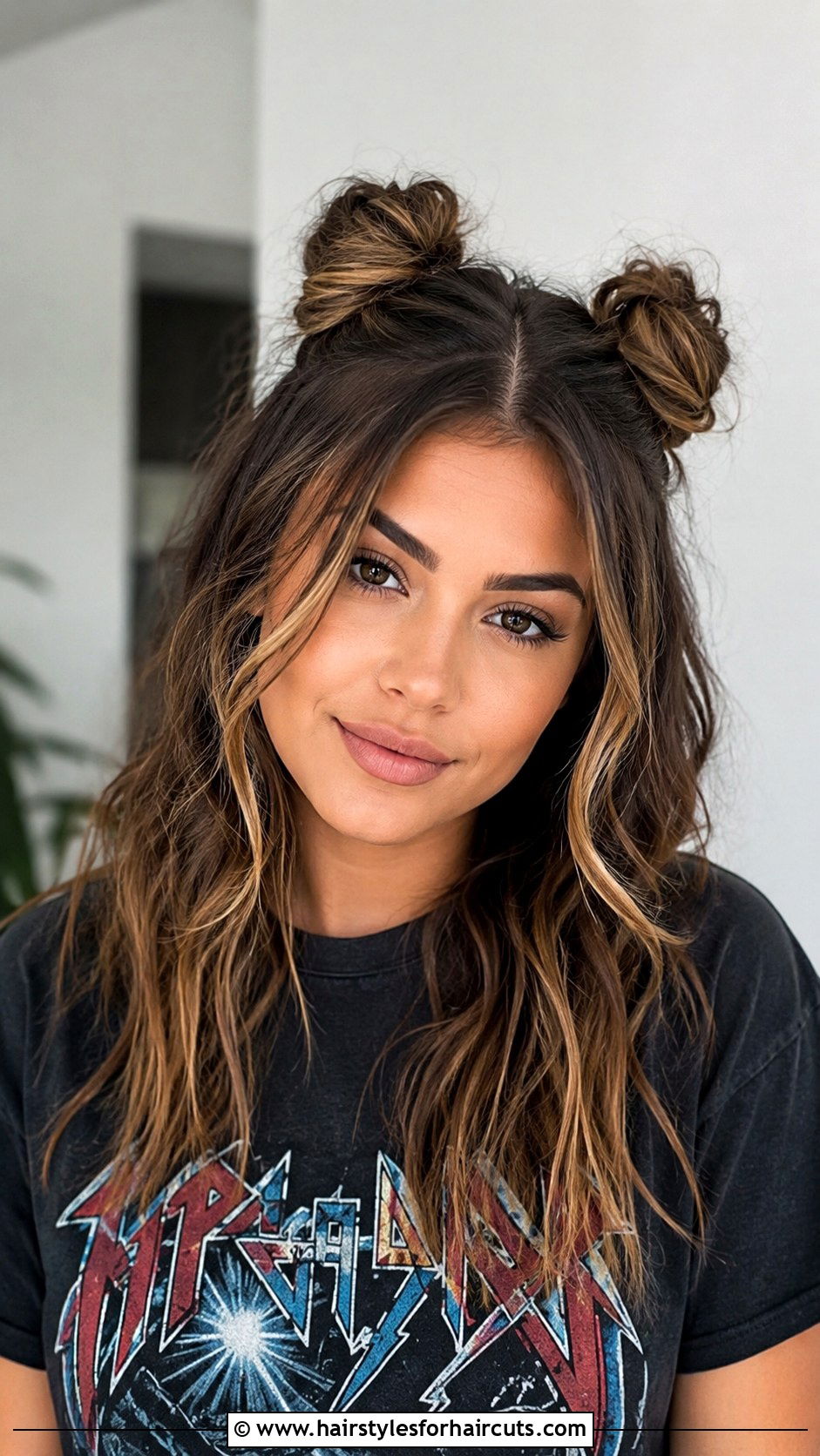 Half Up Space Buns - 25 easy fancy hairstyles for medium hair - 25 easy fancy hairstyles for medium hair