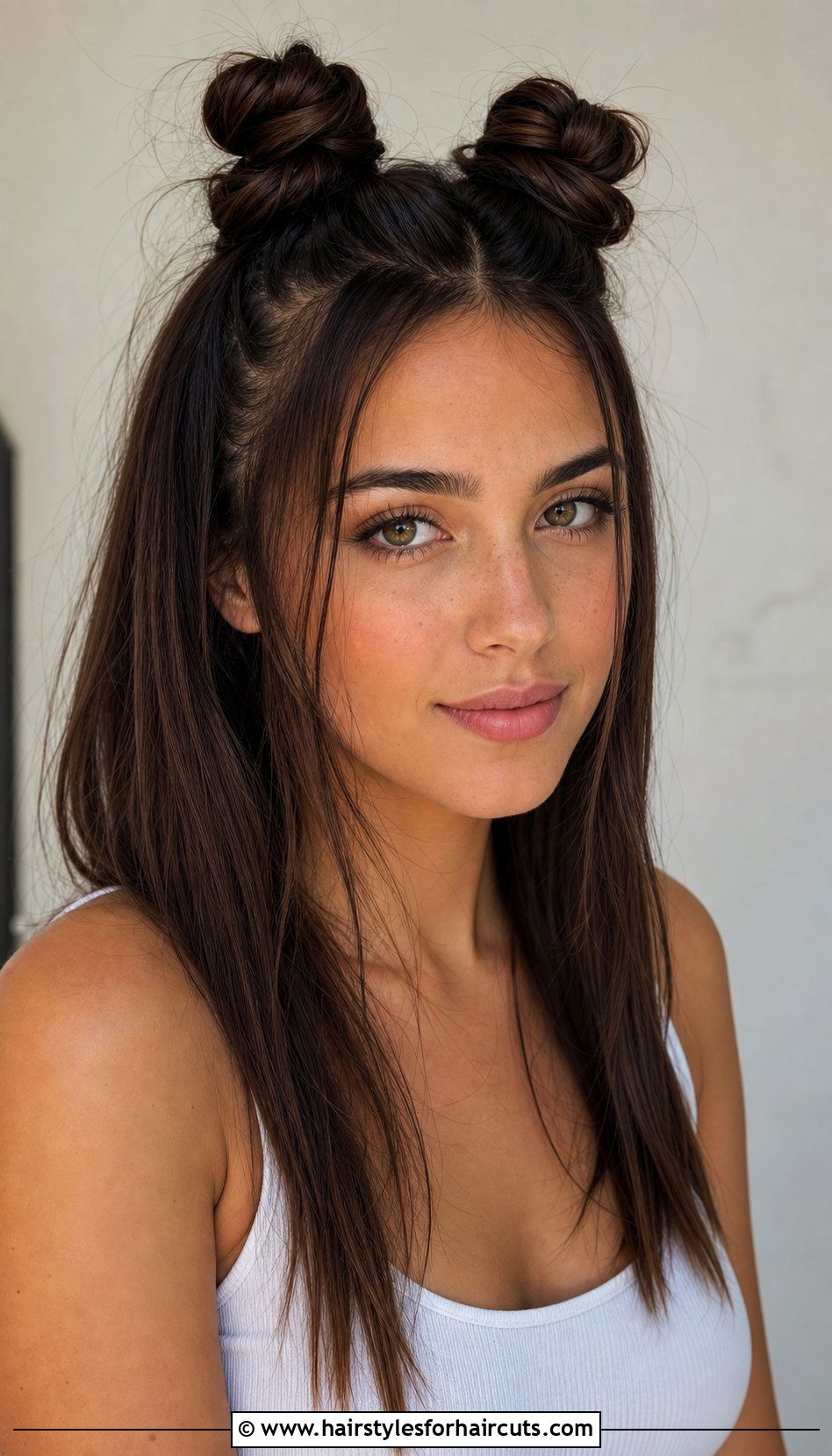 Half Up Space Buns For Brunettes - 25 cute hairstyles for brunettes with long hair - 25 cute hairstyles for brunettes with long hair