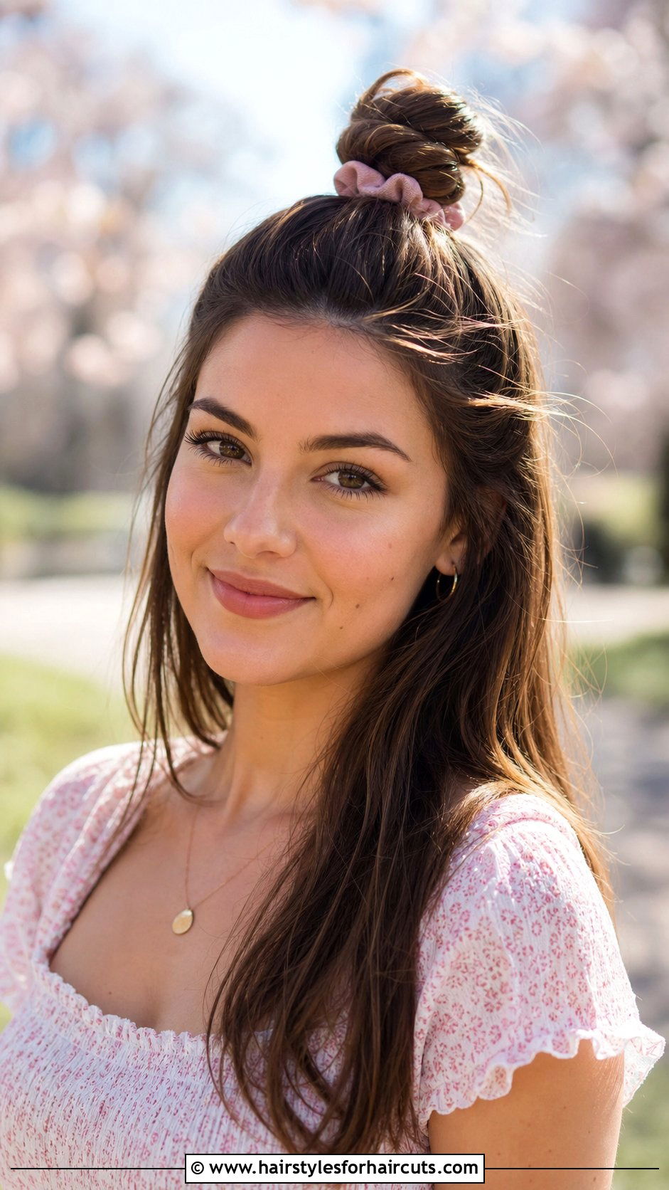 Half Up Top Knot With Scrunchie - 25 long hair scrunchie hairstyles - 25 long hair scrunchie hairstyles