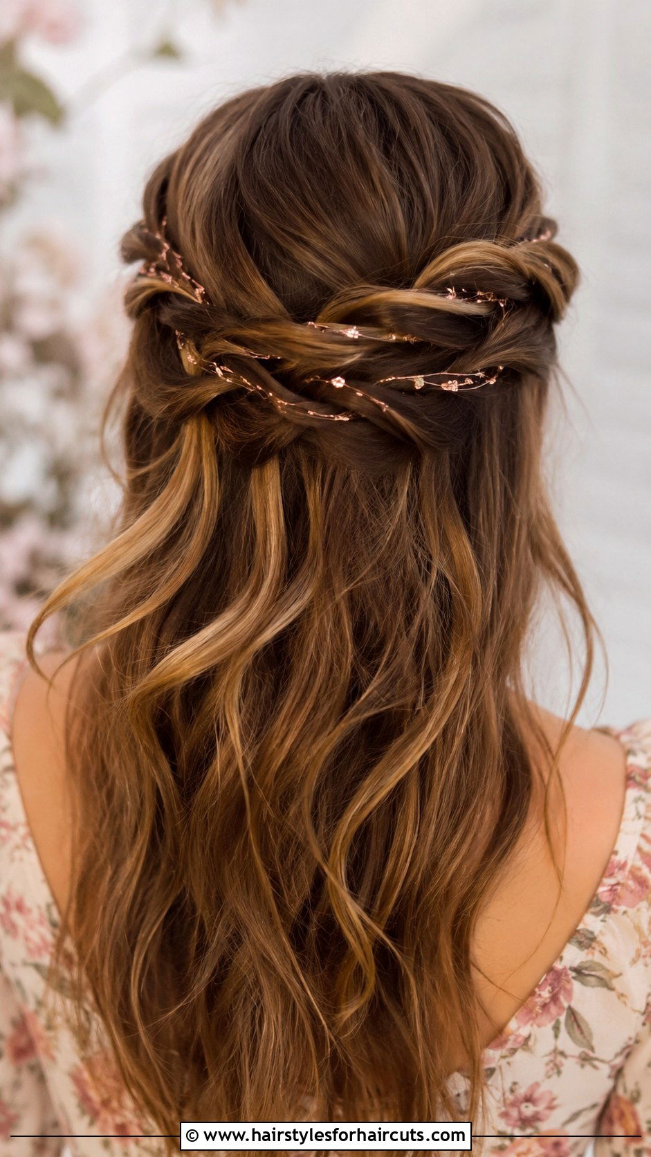 Half Up Twisted Halo With Rose Gold Tinsel - 25 hair tinsel hairstyles - 25 hair tinsel hairstyles