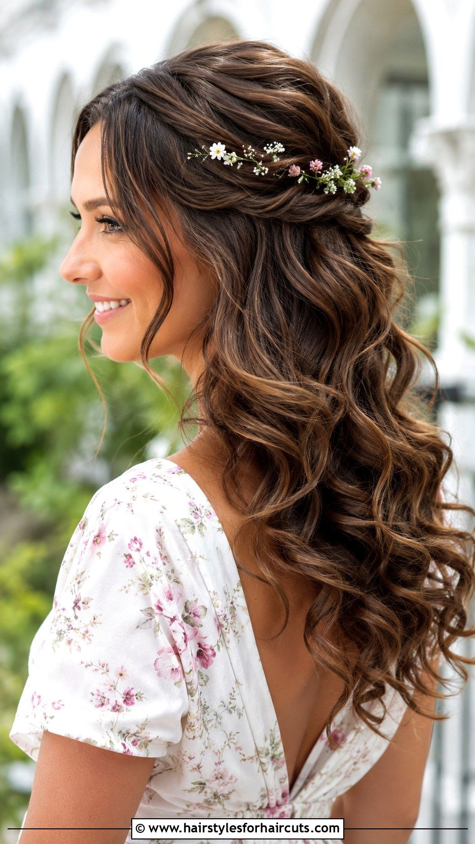 Half Up Voluminous Waves With Floral Pins - 25 bridesmaid hairstyles for long hair half up - 25 bridesmaid hairstyles for long hair half up