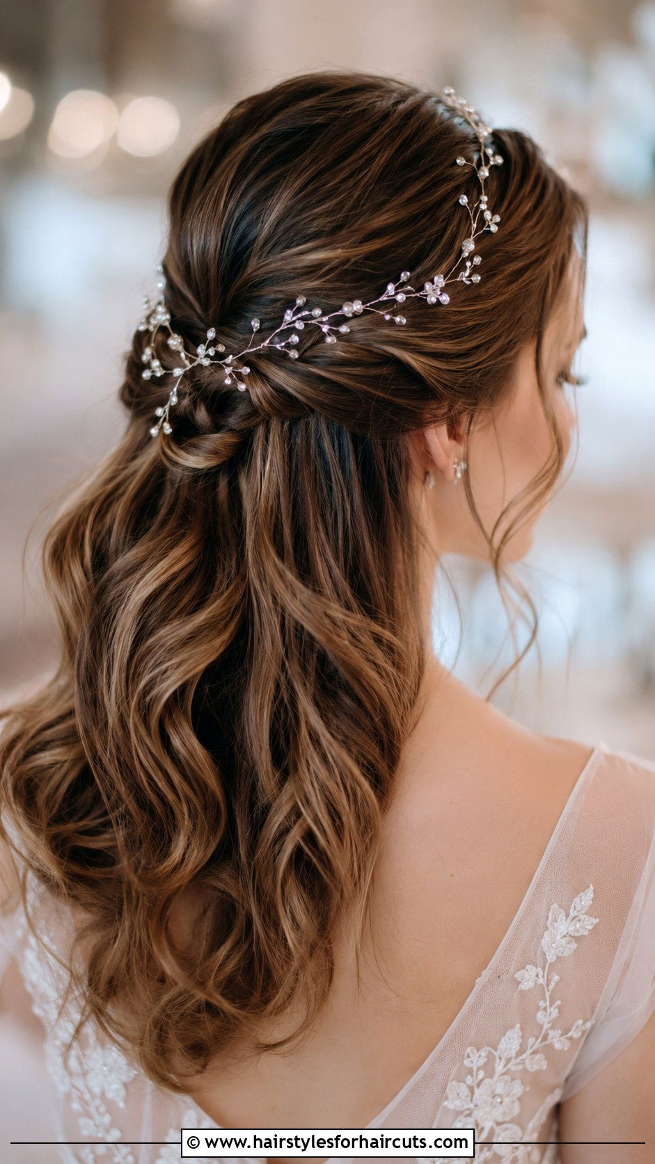 Half Updo With Crystal Vines - 25 bridal hairstyles for short thin hair - 25 bridal hairstyles for short thin hair