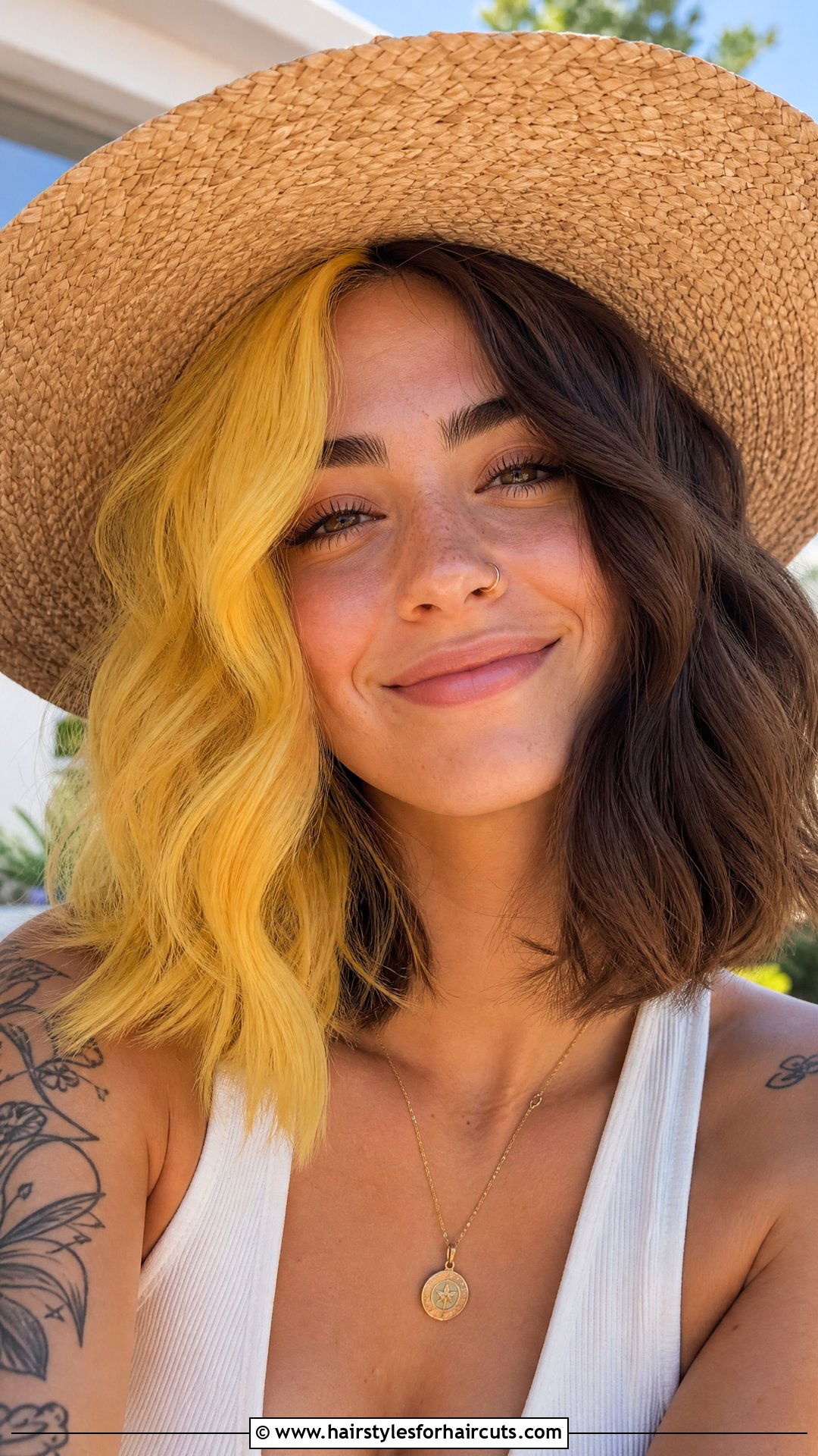 Half Yellow Half Brown Wavy Lob - 25 half and half hairstyles - 25 half and half hairstyles