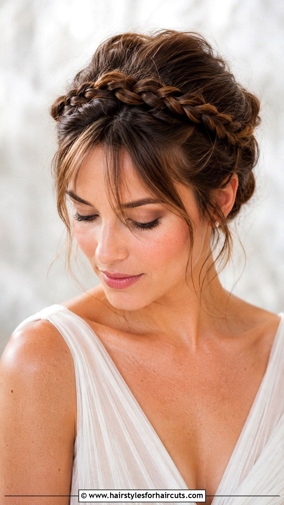 Halo Braid Updo With Wispy Bangs - 25 updo hairstyles for short hair with bangs - 25 updo hairstyles for short hair with bangs