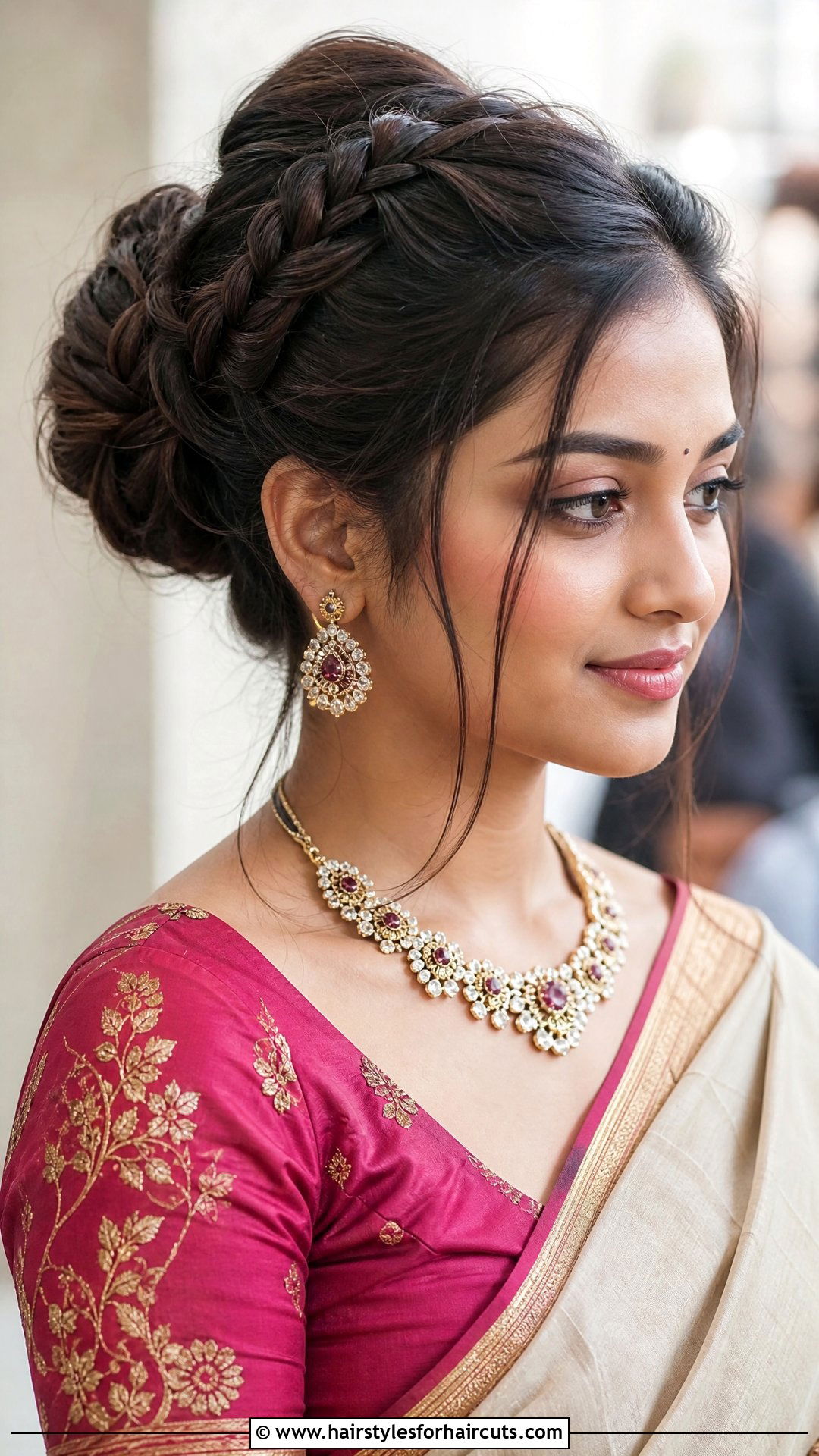 High Braided Bun - 25 wedding hairstyles for saree - 25 wedding hairstyles for saree