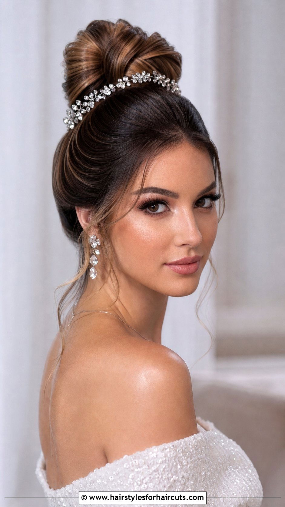 High Bun With Sparkling Hairpins - 25 wedding hairstyles for shoulder length hair - 25 wedding hairstyles for shoulder length hair