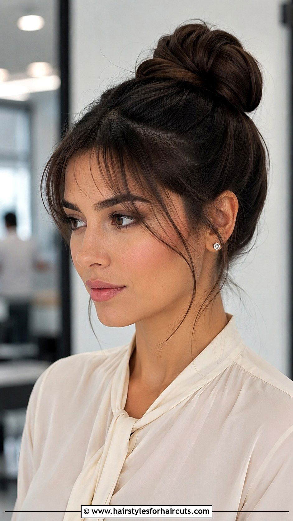 High Bun With Wispy Bangs - 25 black hairstyles with bangs - 25 black hairstyles with bangs
