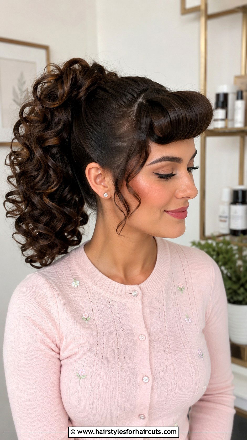 High Curly Ponytail With Rolled Bangs - 25 50s hairstyles for long hair ponytail - 25 50s hairstyles for long hair ponytail