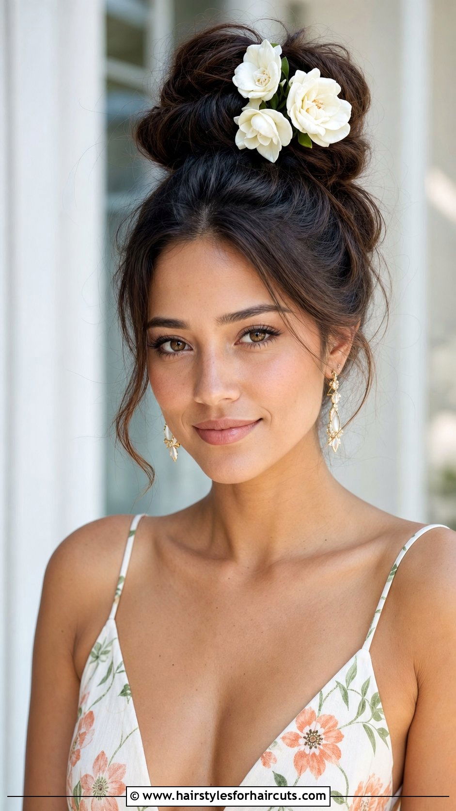High Messy Bun With Gardenias - 25 wedding hairstyles with flowers for long hair - 25 wedding hairstyles with flowers for long hair