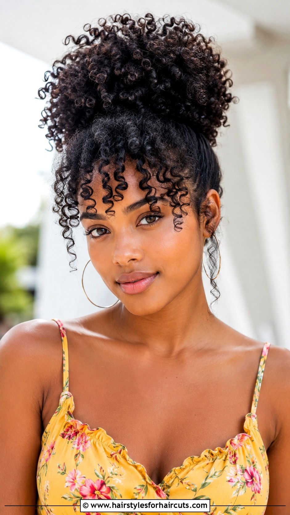 High Puff With Curly Bangs - 25 cute hairstyles for frizzy curly hair - 25 cute hairstyles for frizzy curly hair
