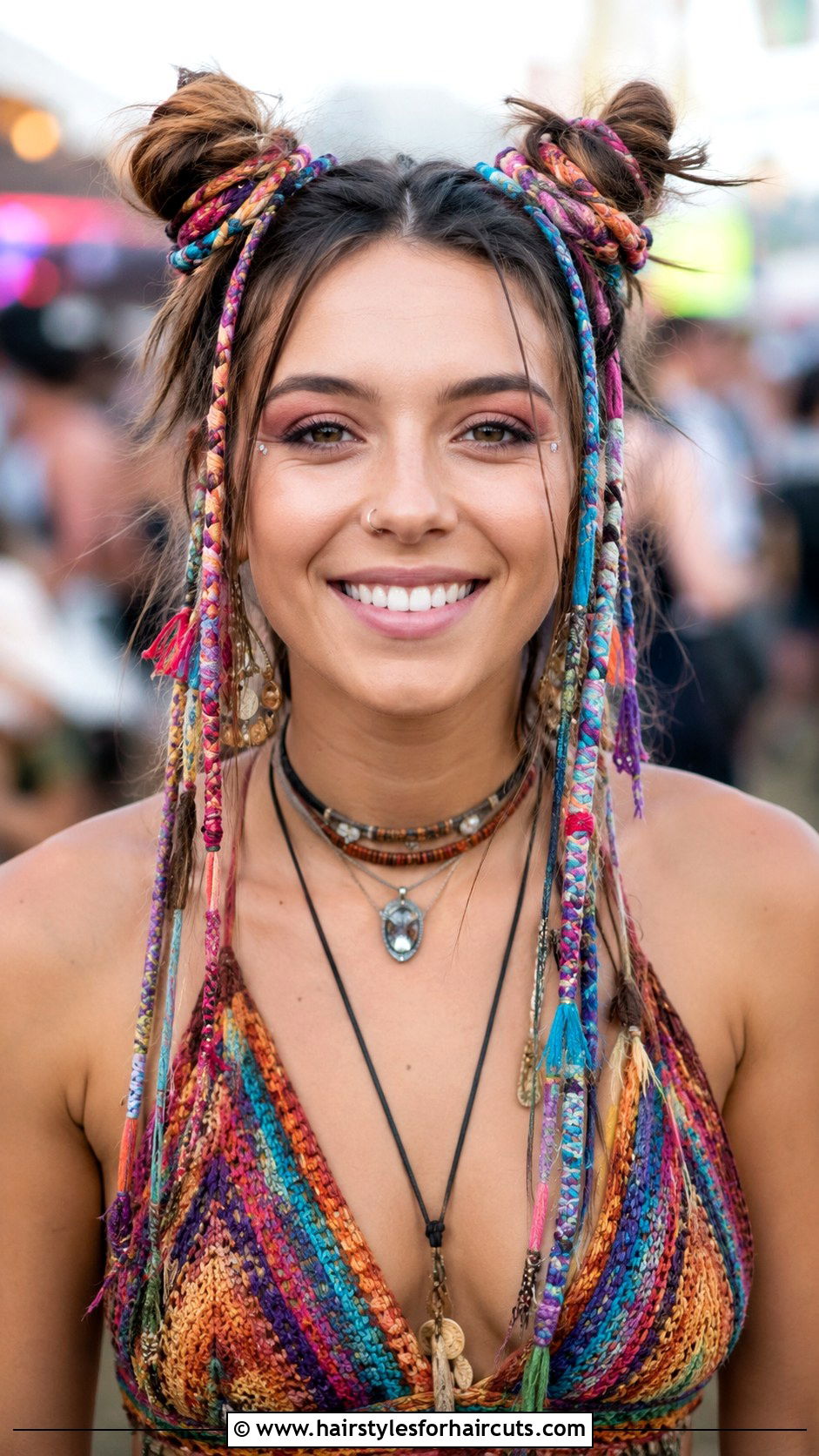 Hippie Thread Wrapped Space Buns - 25 hair wrap hairstyles - 25 hair wrap hairstyles