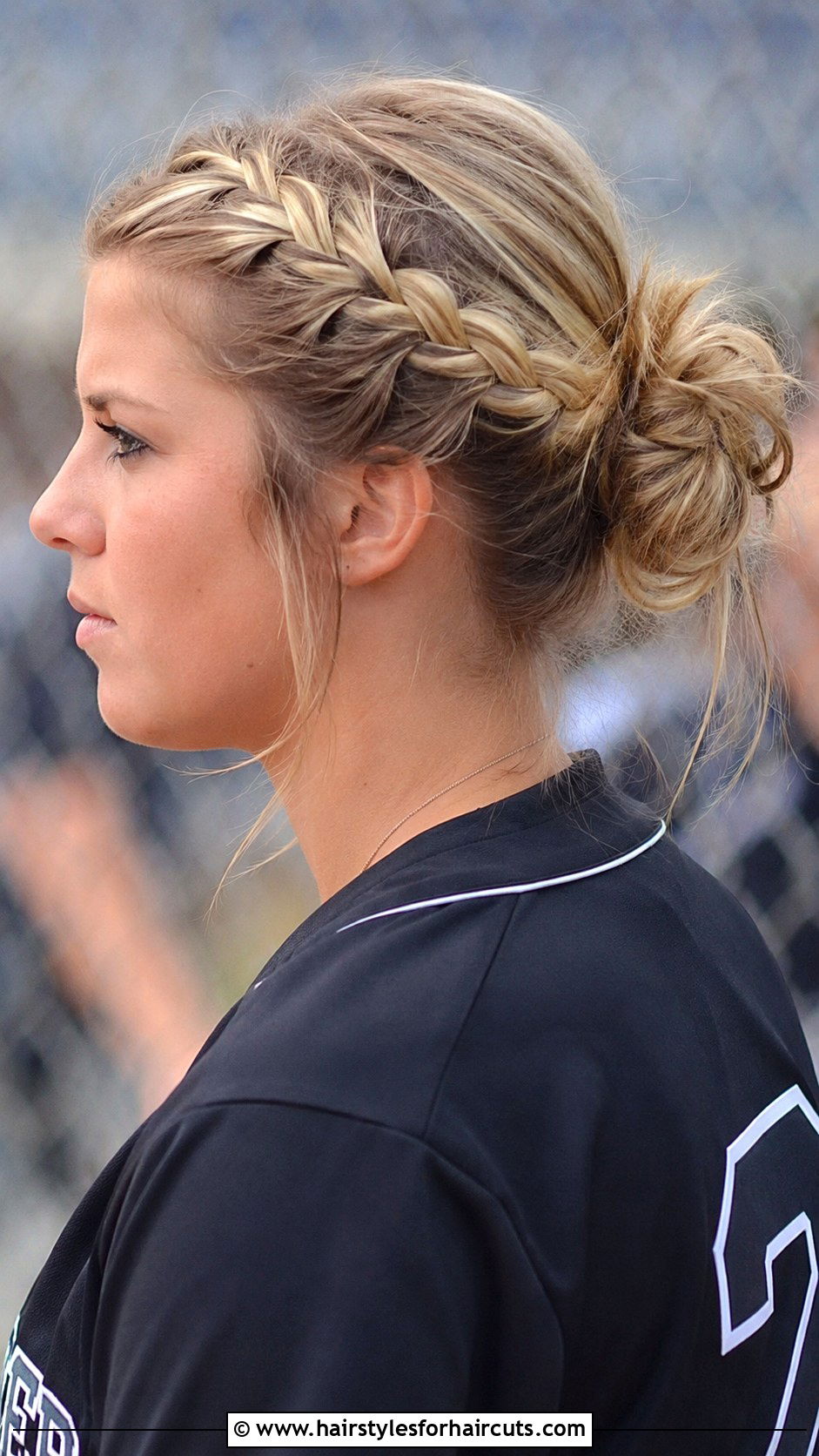 Lace Braid Messy Bun - 25 cute softball hairstyles - 25 cute softball hairstyles