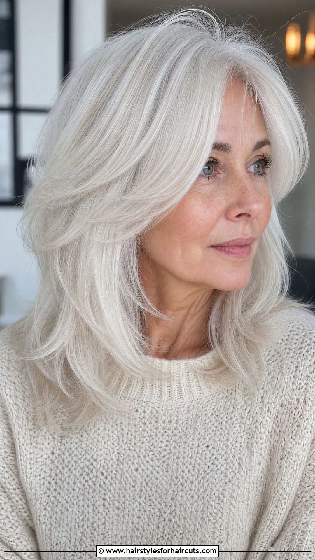 Layered White Hair With Curtain Bangs - 25 hairstyles for white hair - 25 hairstyles for white hair