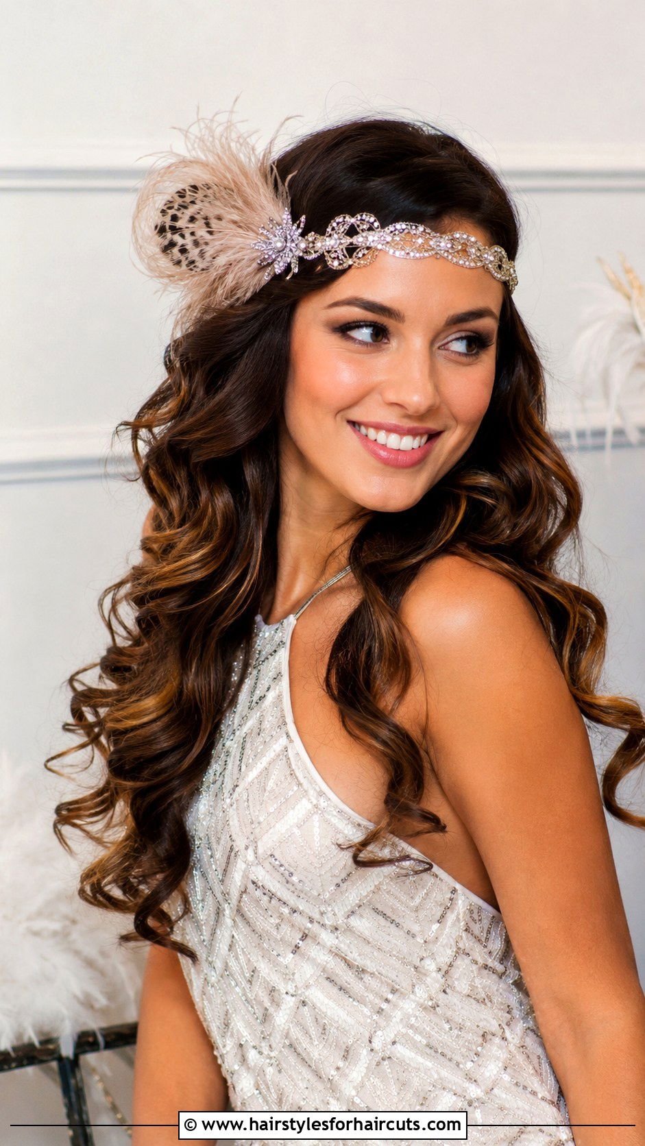 Long Curly Hair With Feather Headband - 25 1920s hairstyles for long curly hair - 25 1920s hairstyles for long curly hair