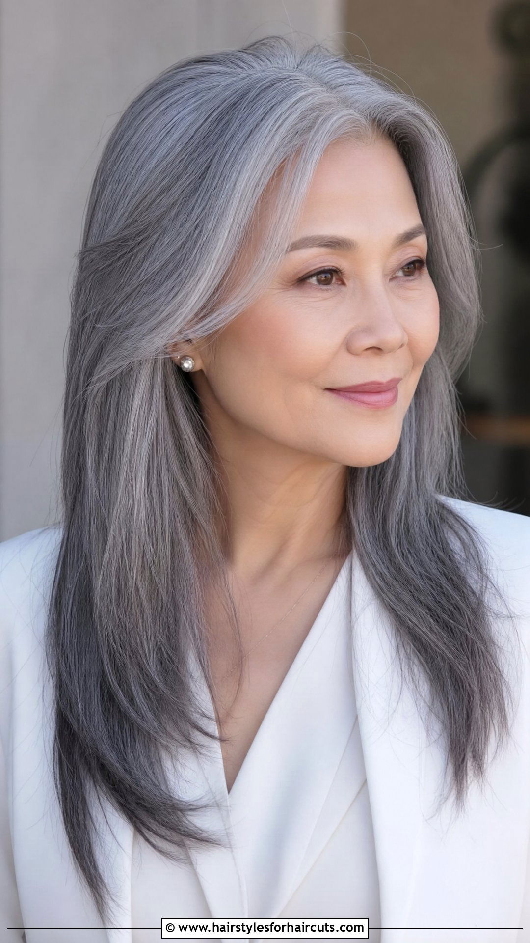 Long Straight Grey Hair with Layers - 25 grey hair hairstyles for older asian woman - 25 grey hair hairstyles for older asian woman