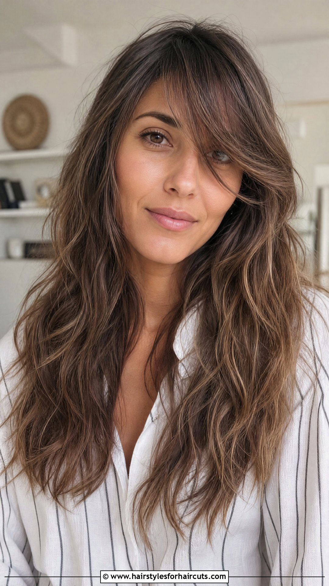 Long Textured Waves With Side Swept Bangs - 25 hairstyles for round faces long hair - 25 hairstyles for round faces long hair