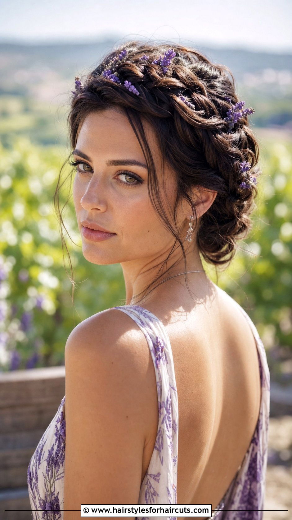 Loose Braided Updo With Lavender - 25 wedding hairstyles with flowers for long hair - 25 wedding hairstyles with flowers for long hair