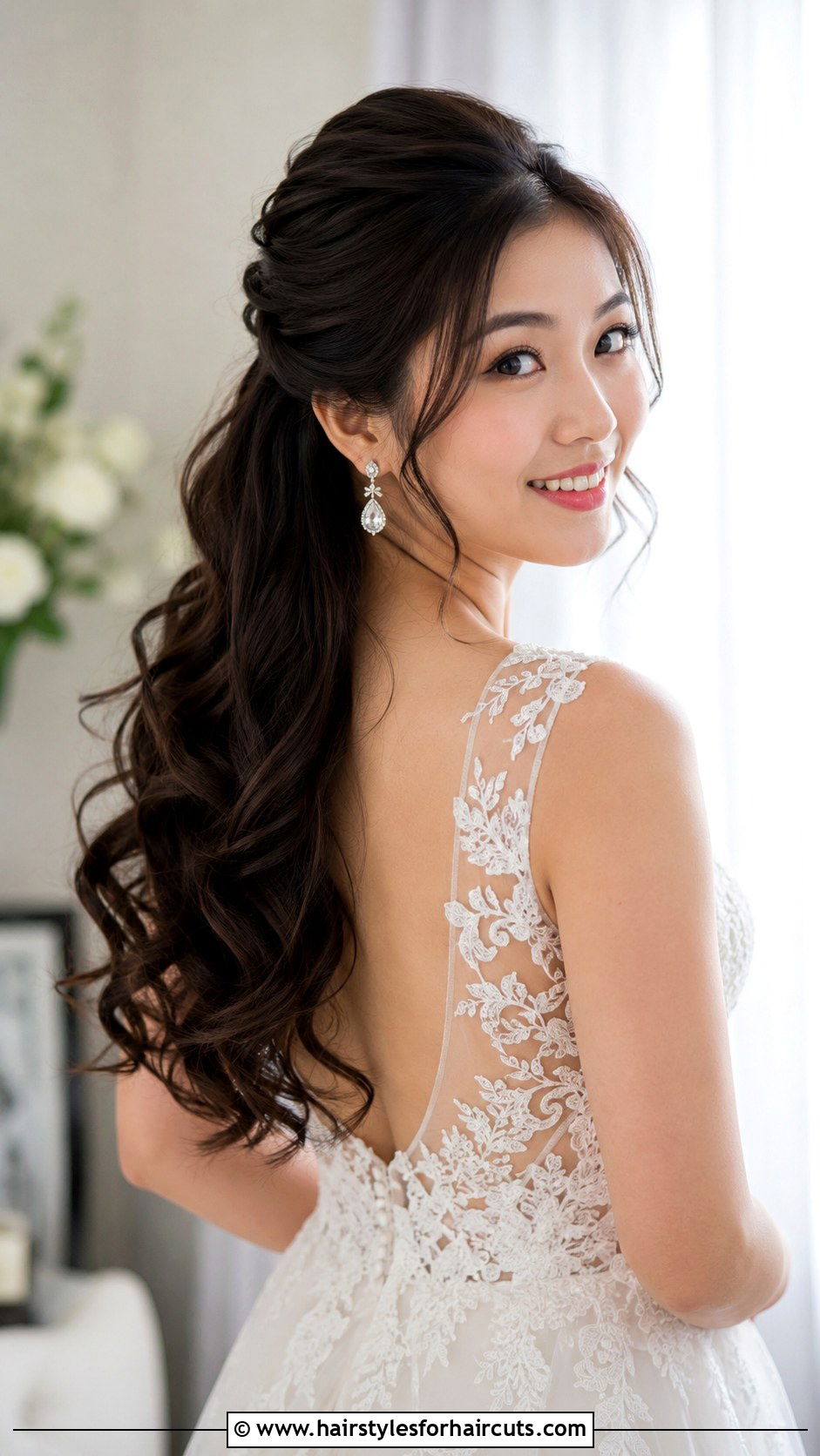 Loose Curls Asian Bridal Half Updo - 25 asian bridal hairstyles - 25 asian bridal hairstyles