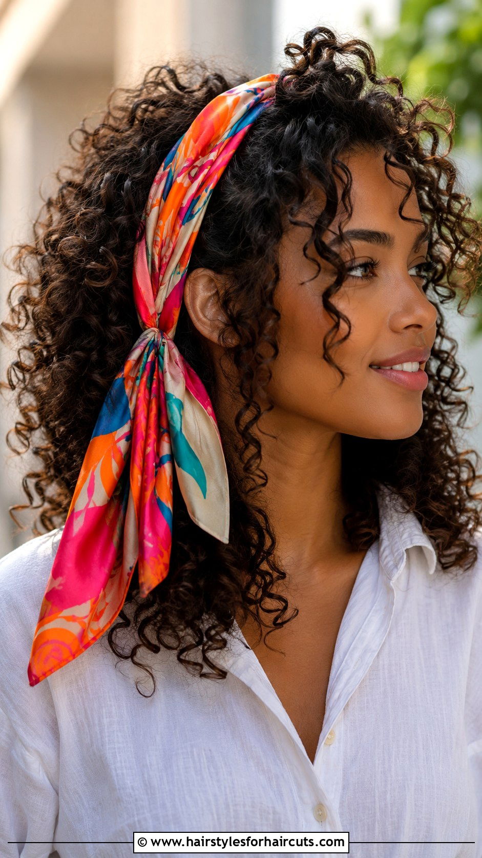 Loose Curly Hair With Silk Scarf - 25 festival hairstyles for curly hair - 25 festival hairstyles for curly hair