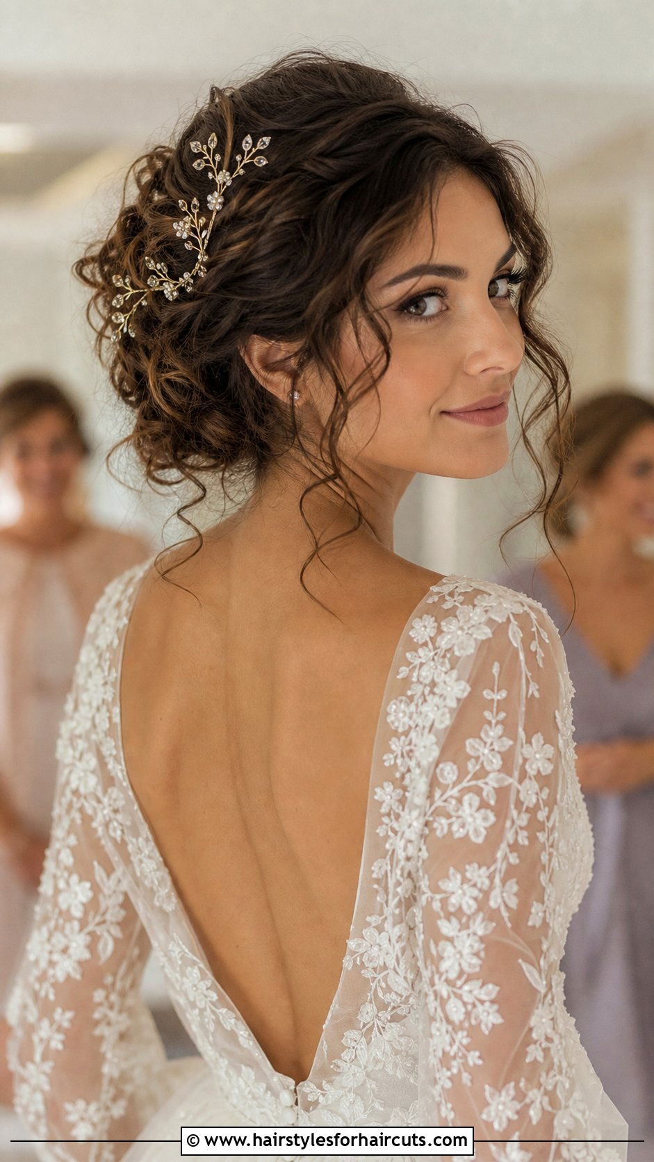 Loose Curly Updo With Delicate Vine - 25 bridal hairstyles for naturally curly hair - 25 bridal hairstyles for naturally curly hair