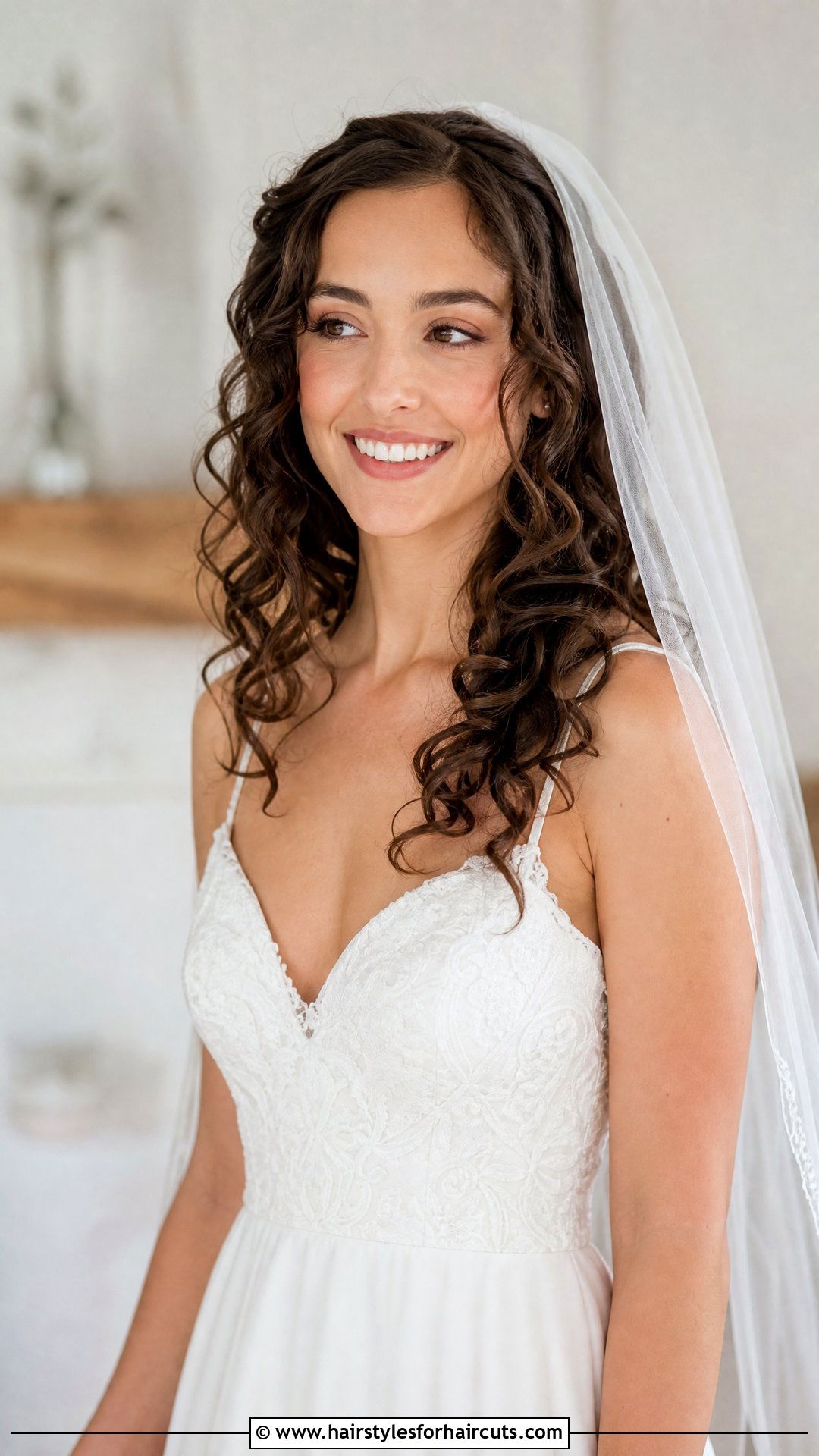 Loose Curly Wedding Hairstyle With Veil - 25 wedding hairstyles for shoulder length curly hair - 25 wedding hairstyles for shoulder length curly hair